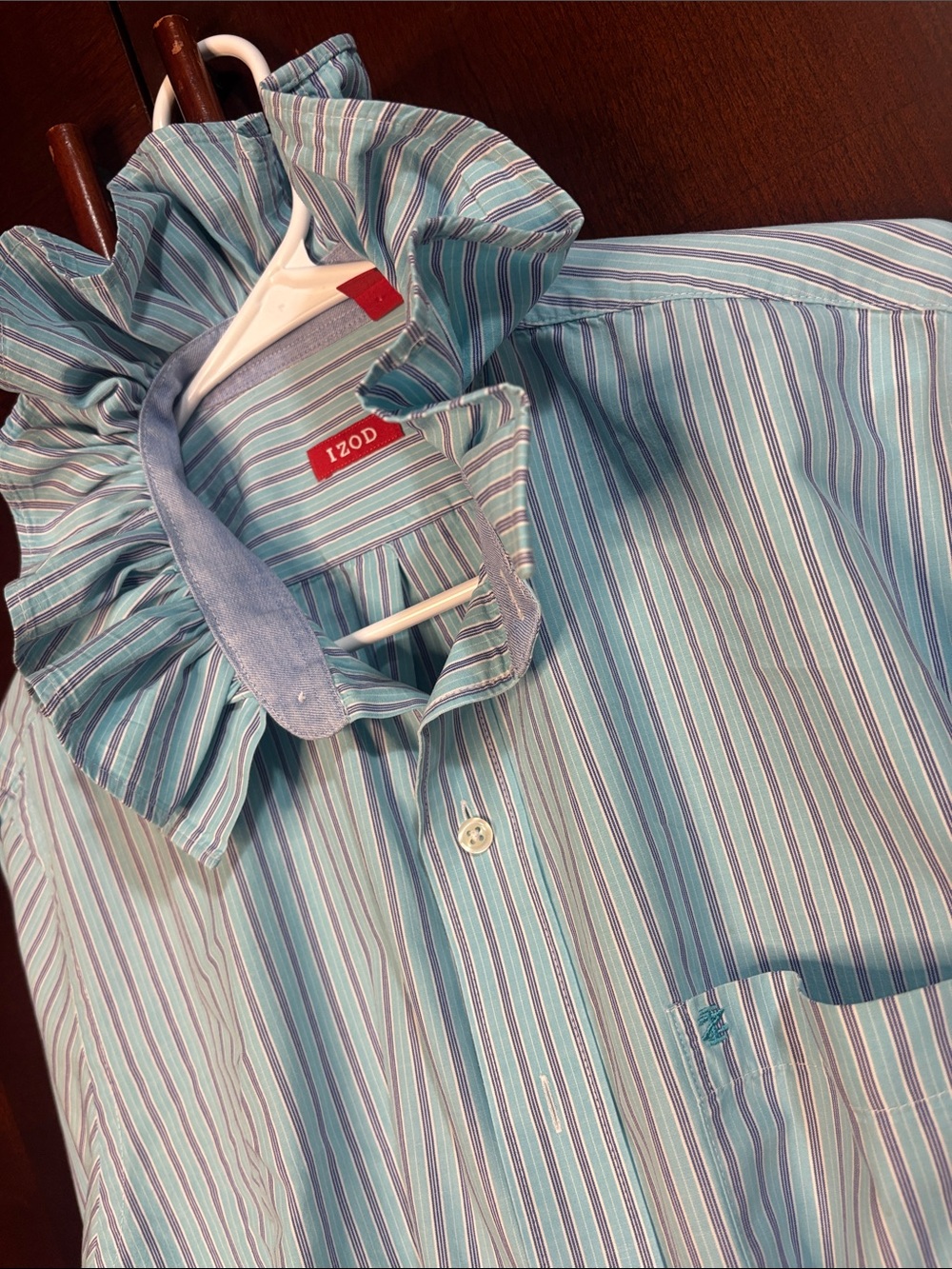 Upcycled/Reloved Izod Light Blue Striped Ruffle Collar Button-Up Shirt